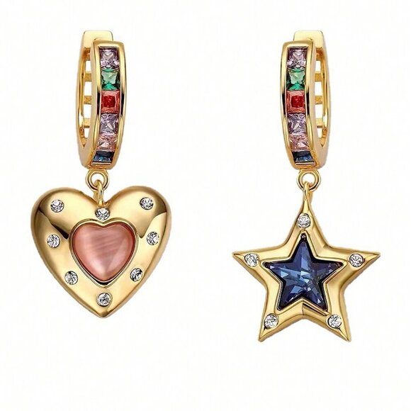Elegant Women's Multicolor Stone Asymmetrical Star & heart earrings - Picture 1 of 6